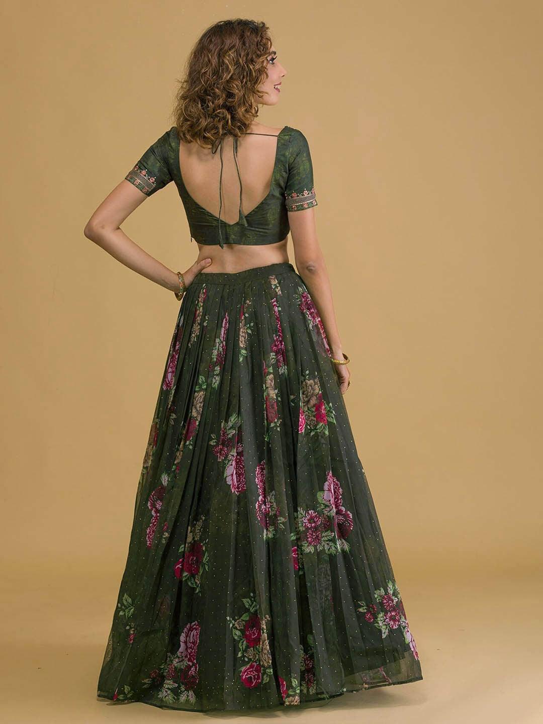 Green Organza Embroidered and Thread work lehenga choli Cheap Sale Wiki