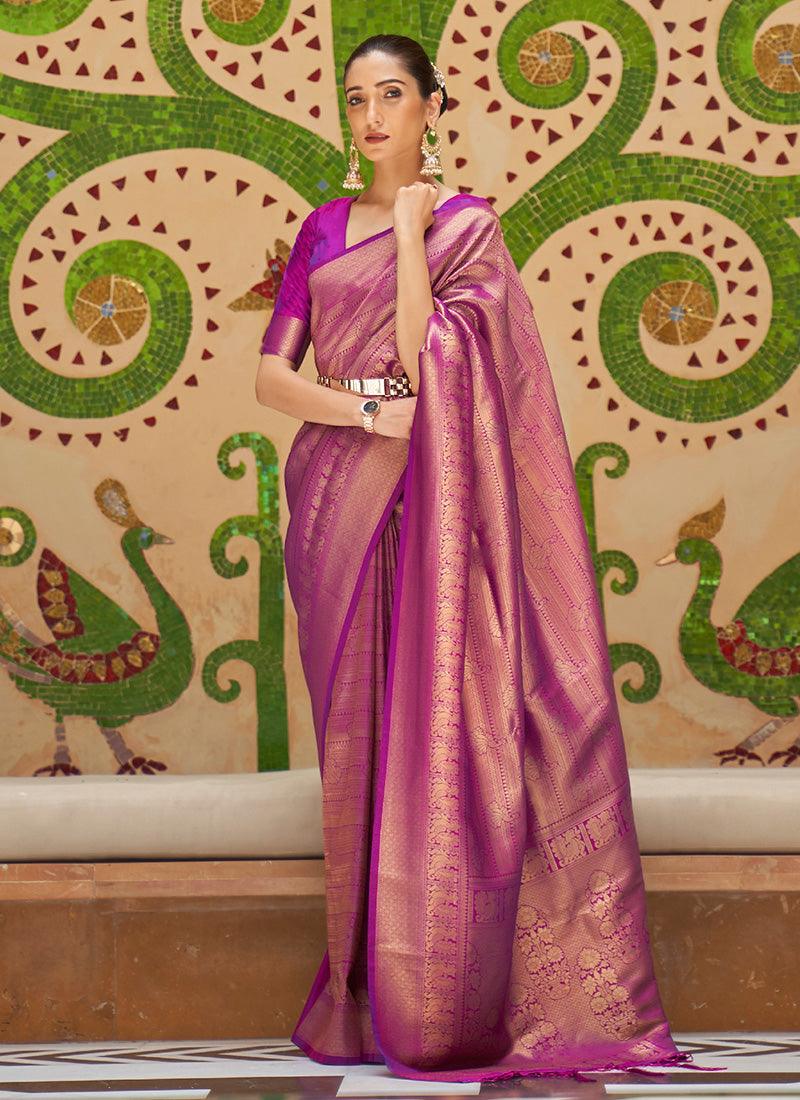 Ethnic Wear Purple Color Silk Material Saree With Silk Weave Free Shipping Huge Surprise