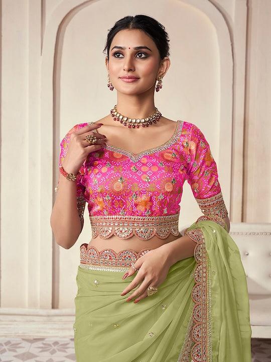 Lime green Organza Embroidered with pink Blouse Buy Cheap Visit New