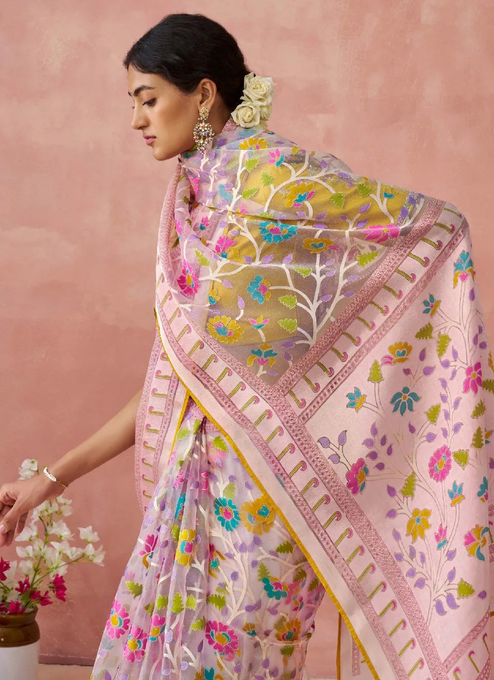 Pink Colored Organza Printed Woven Worked Designer Saree Cheap Sale Really