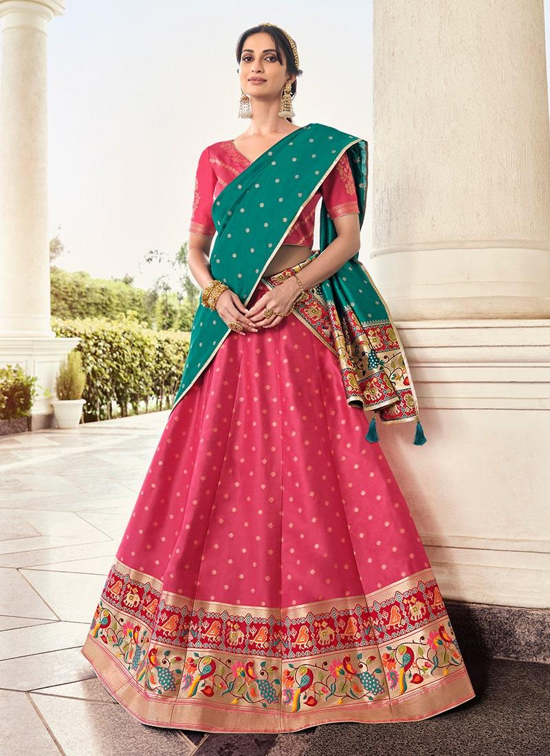 Digital Print Peach Banarasi Lehenga With Dupatta Free Shipping Shop Offer