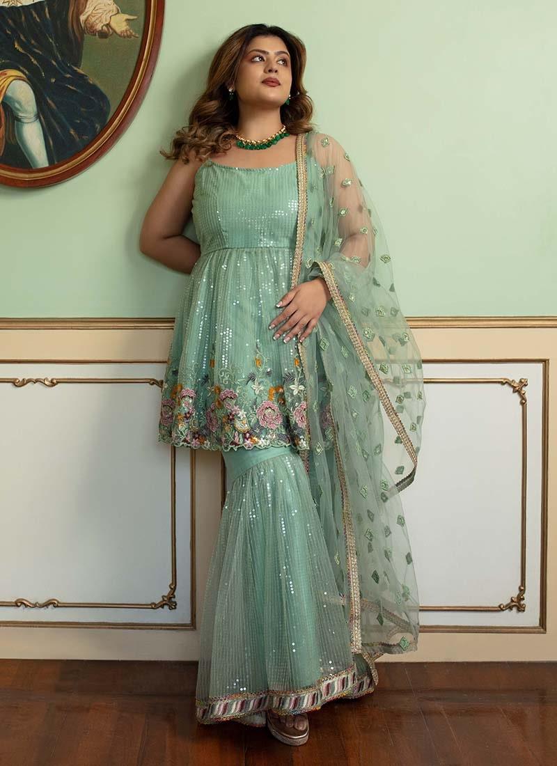 Dusty Green Color Georgette Fabric Sequins Work Designer Sharara Suit For Nice Cheap Price