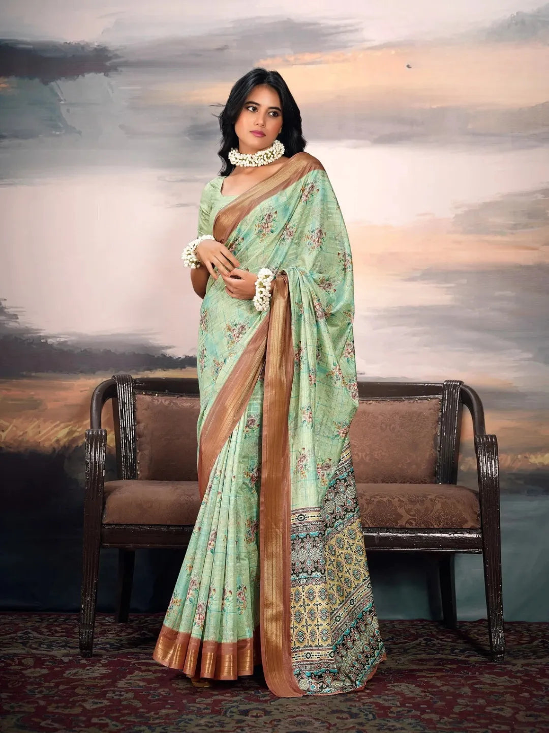 Luminous Light Green Cotton Silk Digital Printed Saree Cheap Geniue Stockist