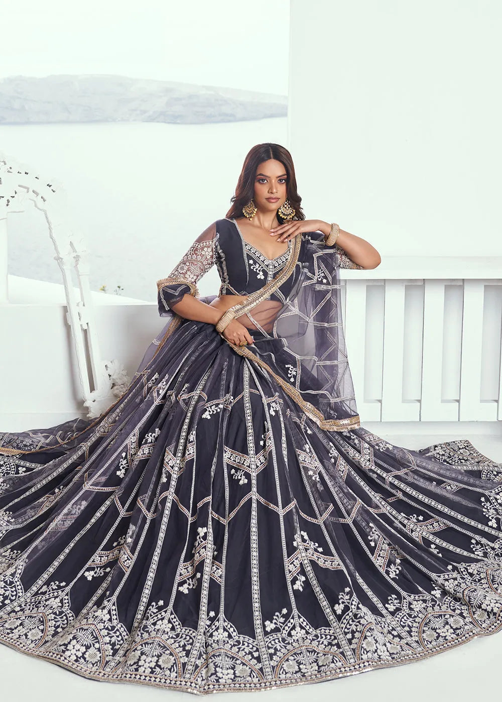 Heartwarming Dark Grey Embroidered Wedding  Lehenga Choli Excellent Sale Online