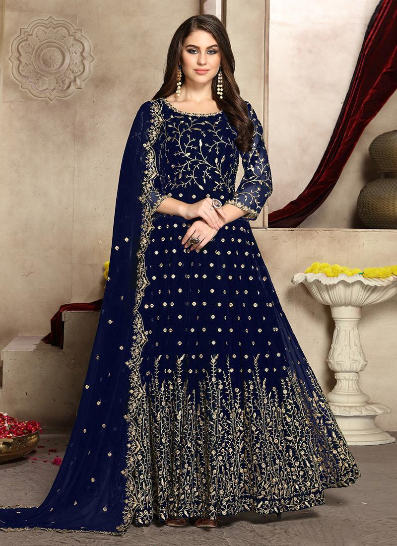 Heavy Zari Work Navy Blue Anarkali Suit Comfortable