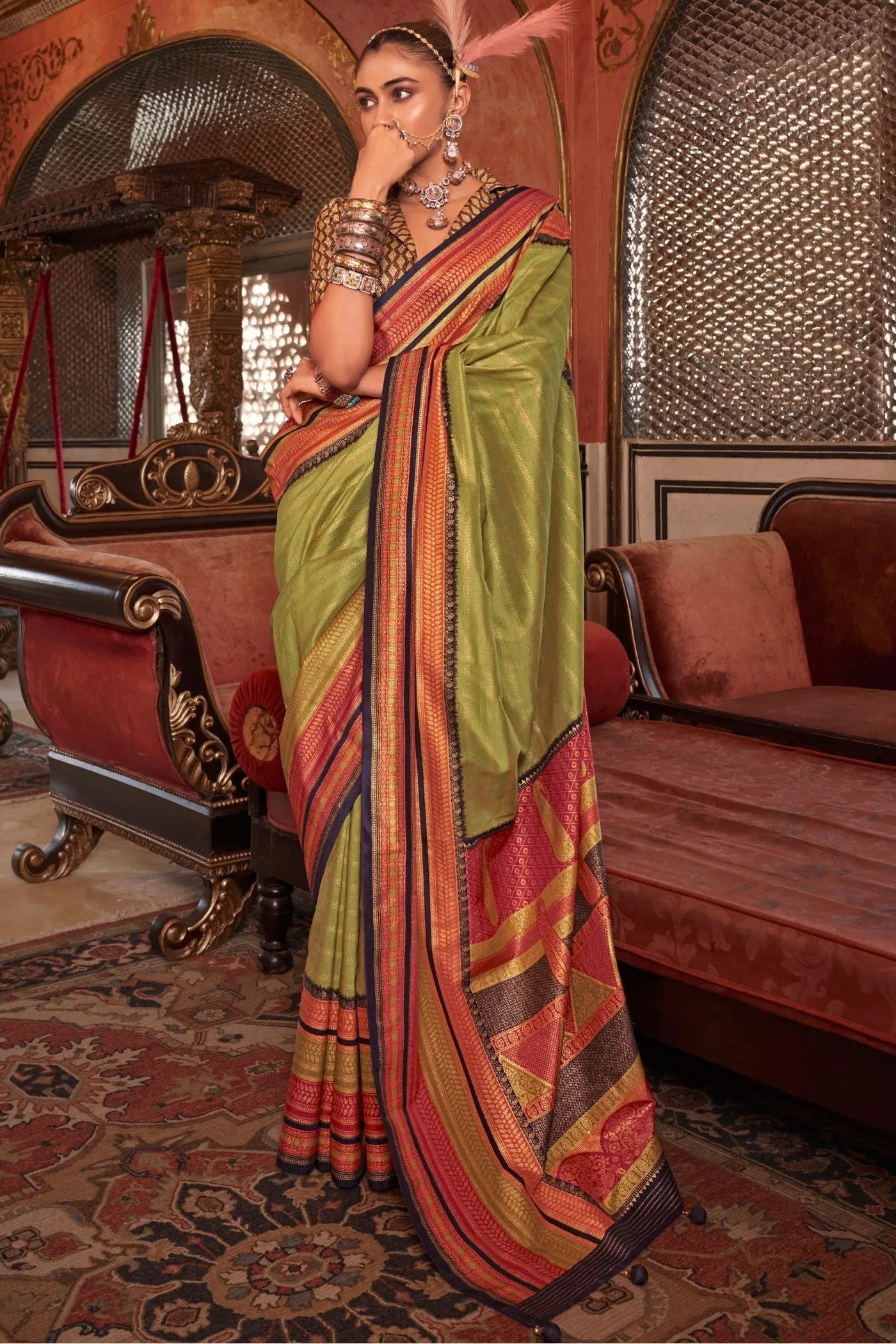 Pristine Parrot Green Kanjivaram and Patola Printed Silk Saree Free Shipping Low Pice