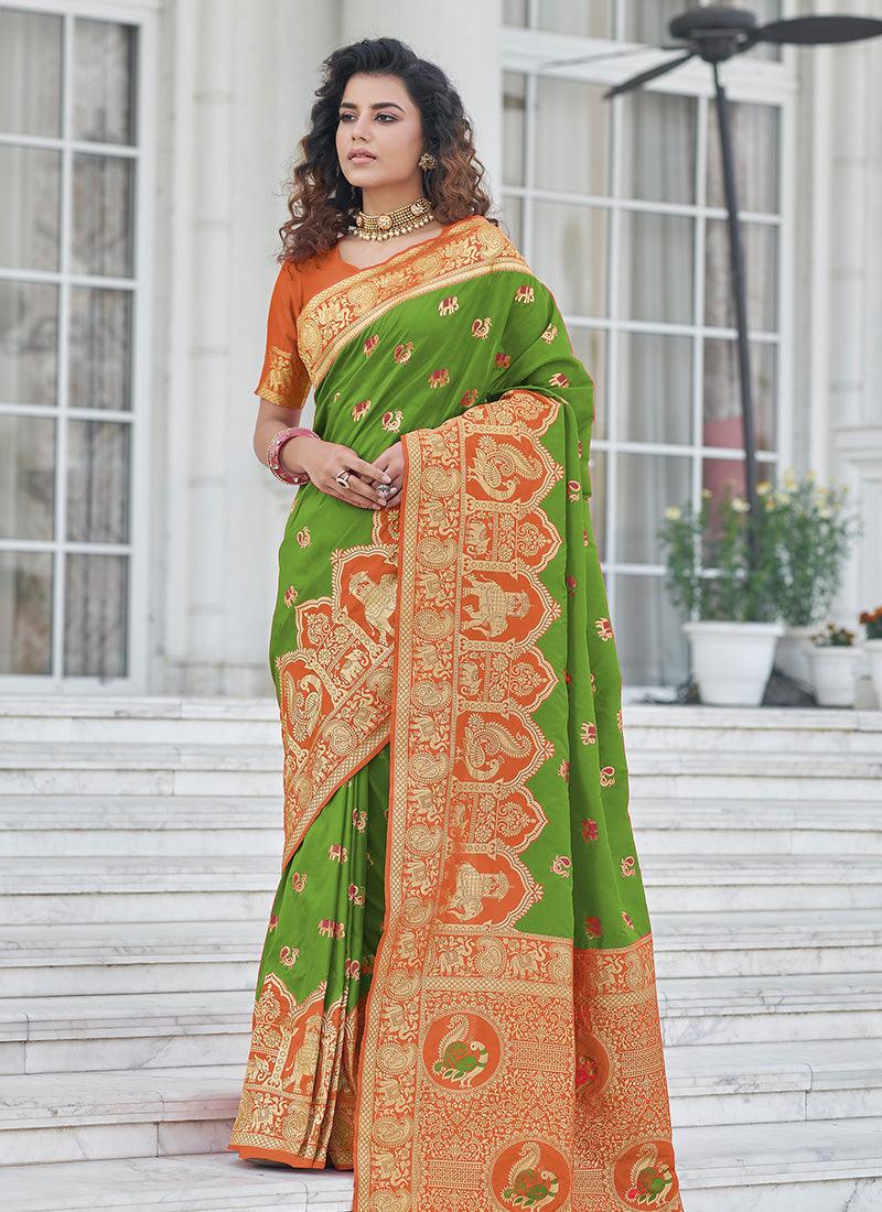 Light Green Color Banarasi Silk Material Silk Weave Work Saree Best Wholesale For Sale