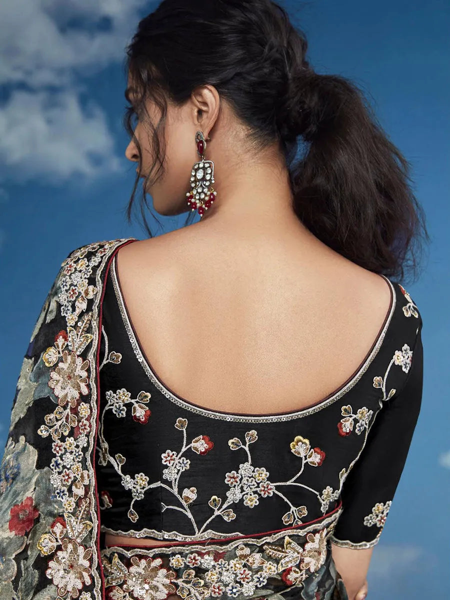 Unforgettable Black Heavily Floral Embroidered Brasso Saree Amazon Online