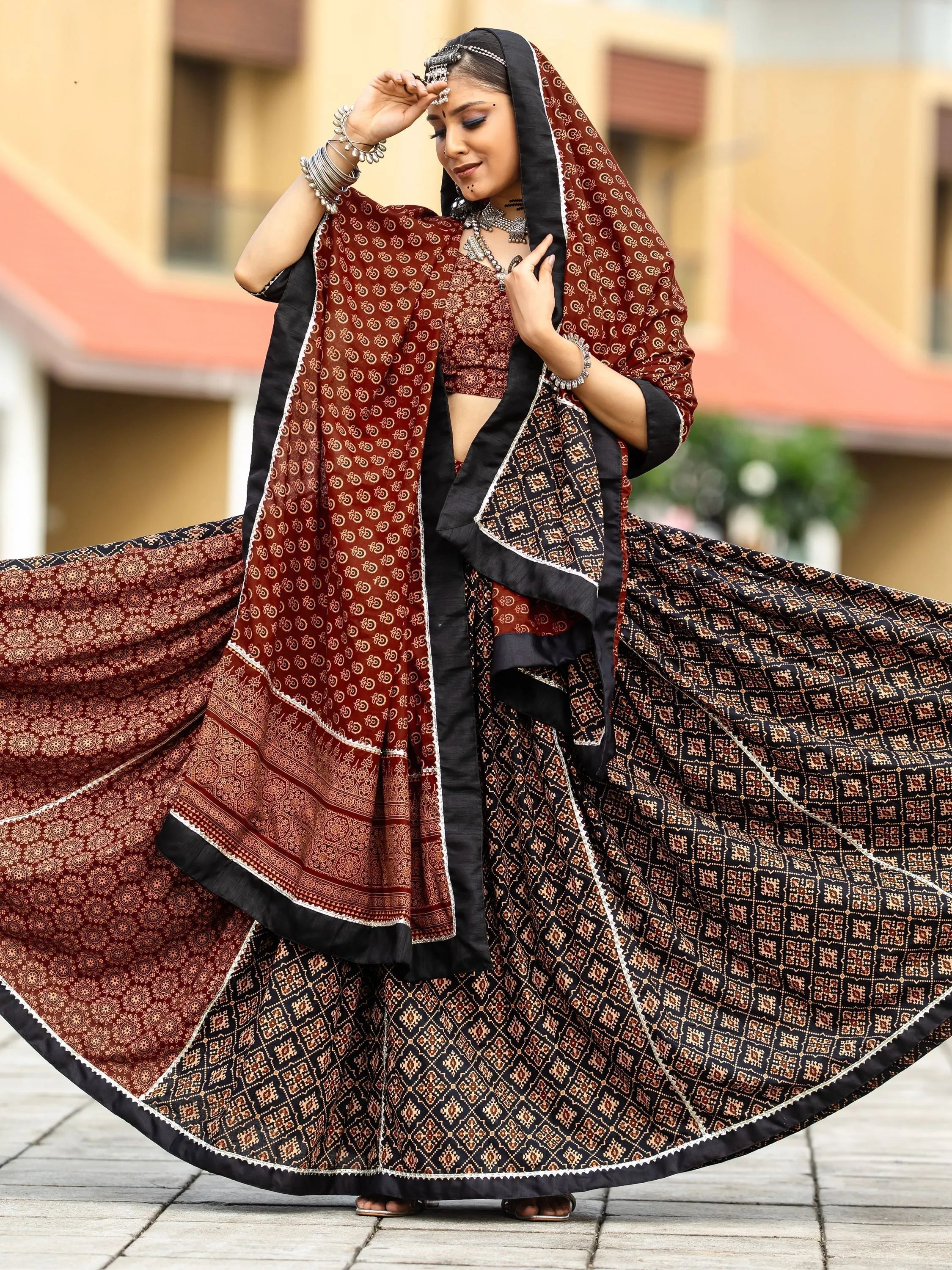 Black and Maroon Cotton Flared Rajwadi Navratri  Lehenga Choli Outlet 2025 New