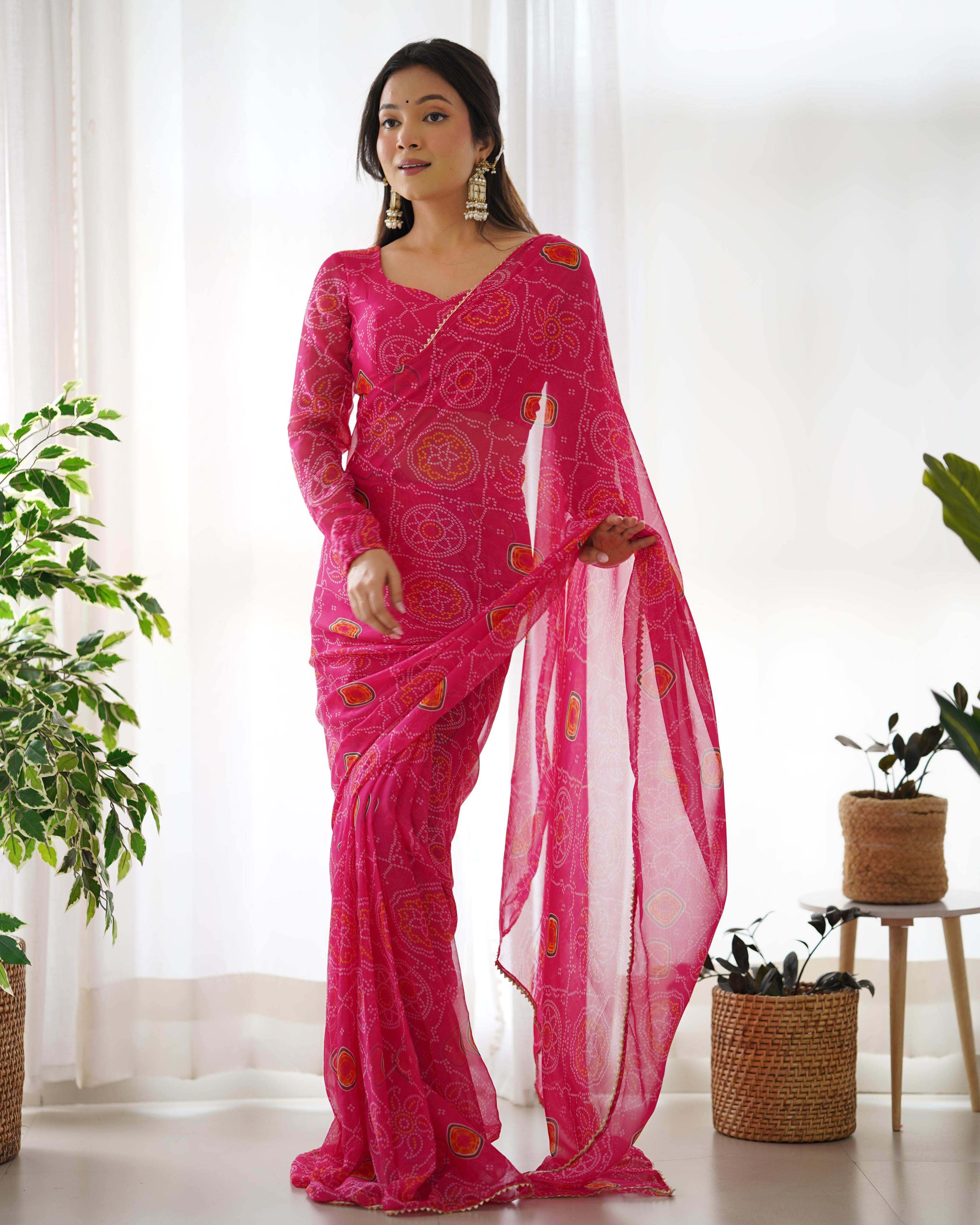 Pink chiffon bandhani Printed Ready to wear saree Outlet Pay With Paypal