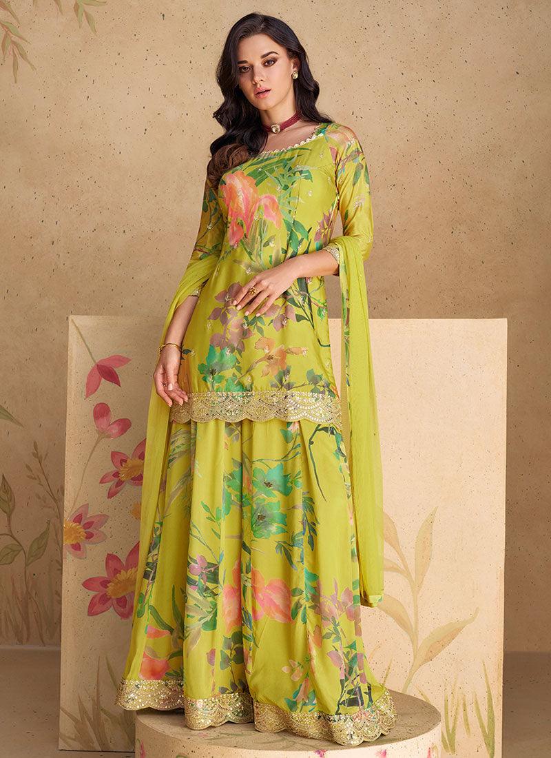 Lime Green Floral Sequins Embroidered Top Palazzo Suit Recommend Cheap Pice