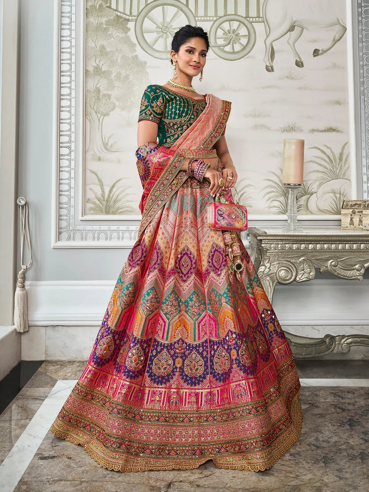 Pleasing Multi-color Banarasi Silk Bridal Lehenga Choli Set Best Wholesale For Sale