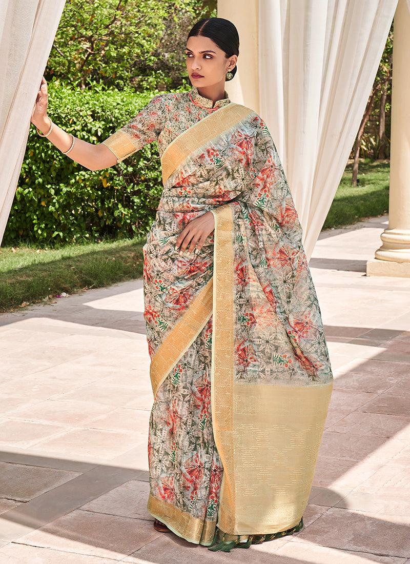 Sea Green Color Elegant Printed Partywear Saree Outlet Online