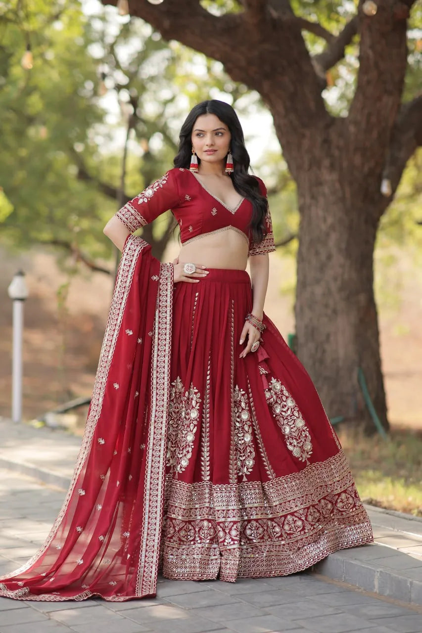 Flawless Fully Flared Maroon Georgette Embroidered Lehenga Choli Marketable Sale Online