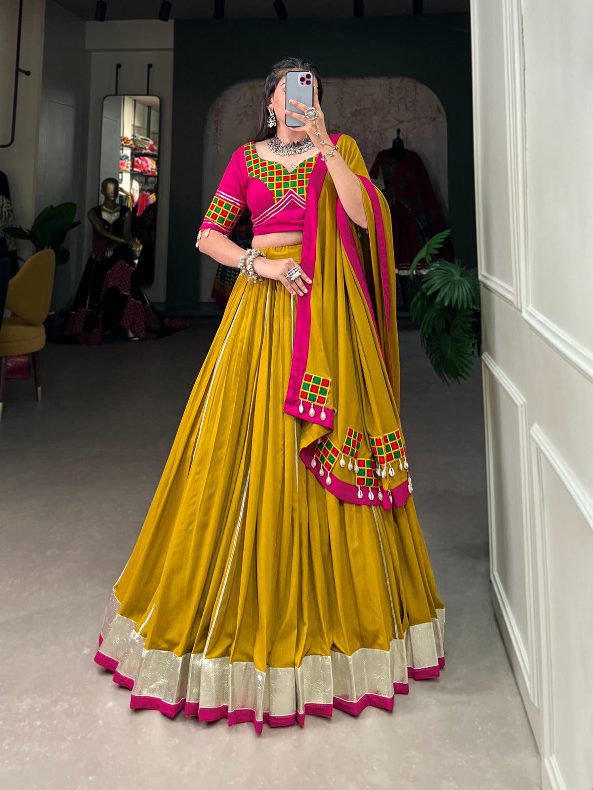 Mustard Pure Rayon Gota Patti Border Worked Navratri Lehenga Set Clearance Cheap Real