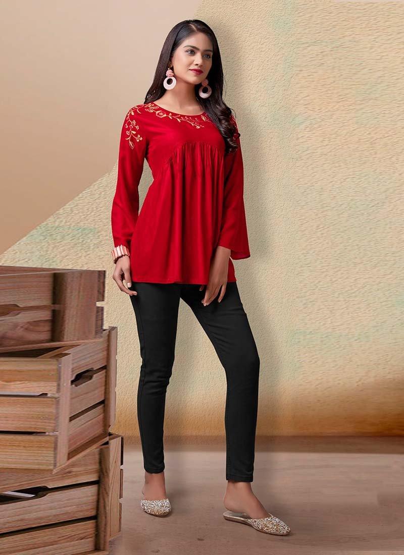 Red Color Cotton Base Bell Sleeves Partywear And Casual Wear Short Kurti Buy Cheap 2025 New