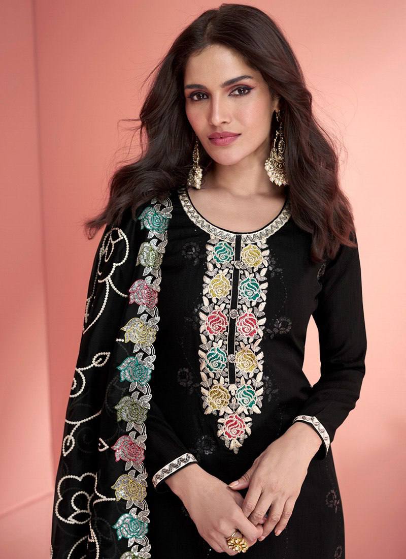 Designer Black Embroidered Silk Salwar Suit Free Shipping For Nice