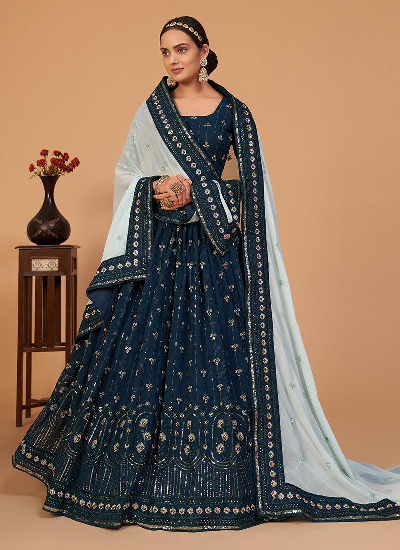 Teal Blue Georgette Lehenga With Contrast Dupatta Clearance Inexpensive