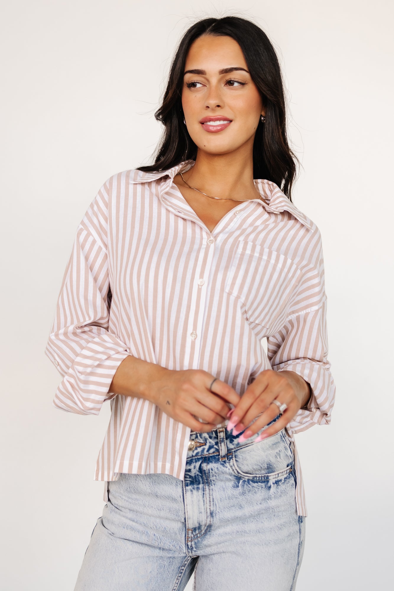 Shasta Button Up Top | Beige Stripe View Cheap Online