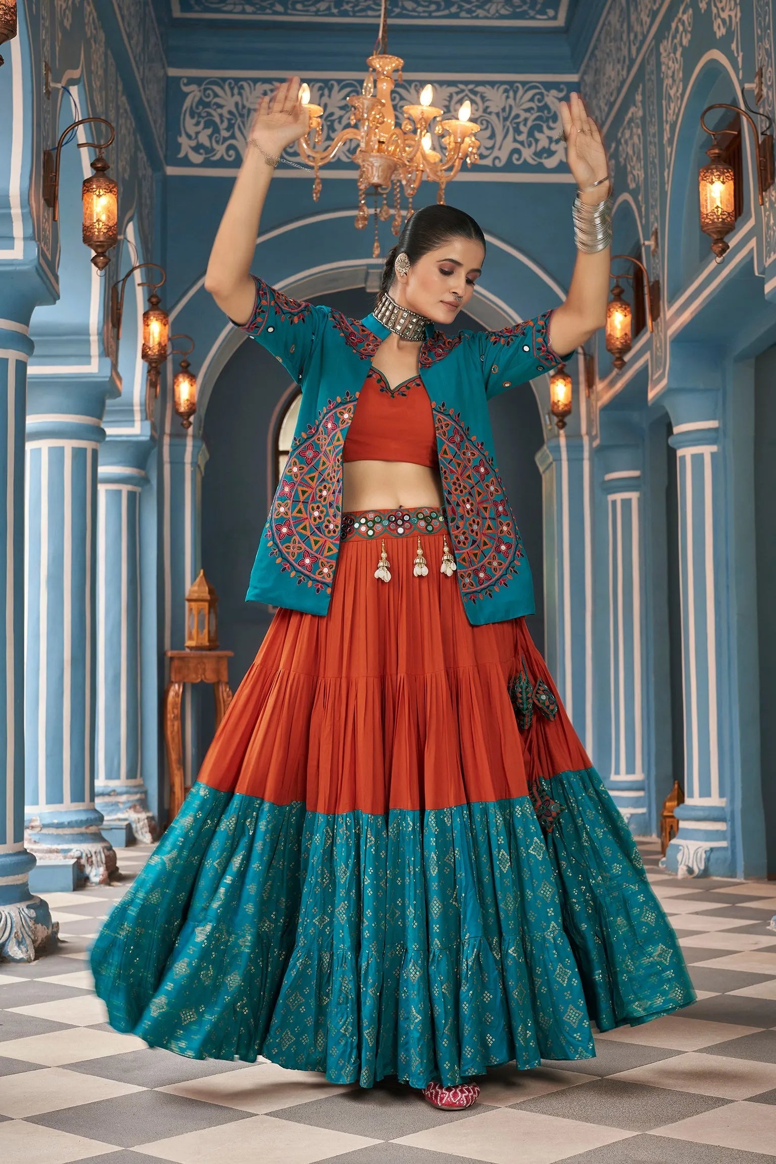 Celebrate Navratri With Multi and Rama  Lehenga Choli Fashionable Cheap Online