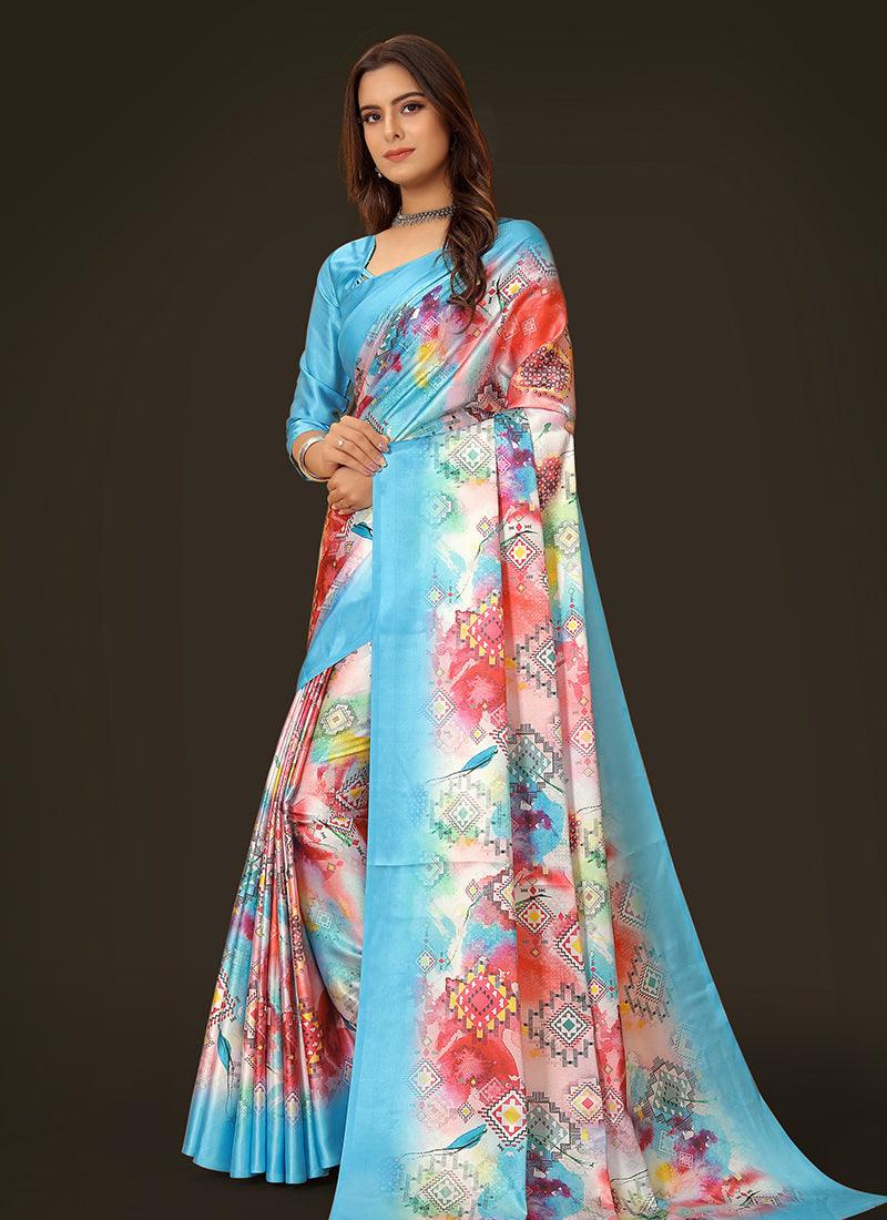 Sky Blue Color Half Sleeves Satin Saree Cheap Online