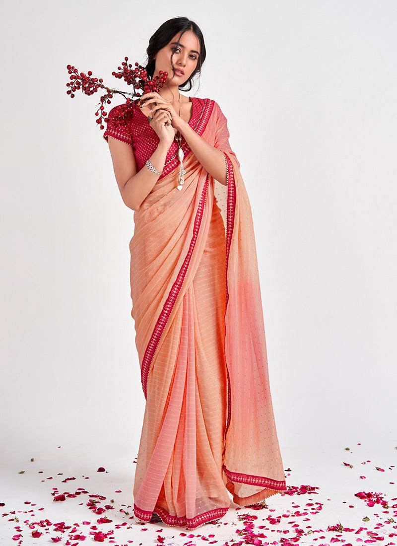 Peach Color Georgette Base Printed Saree With Matching Blouse Low Pice For Sale