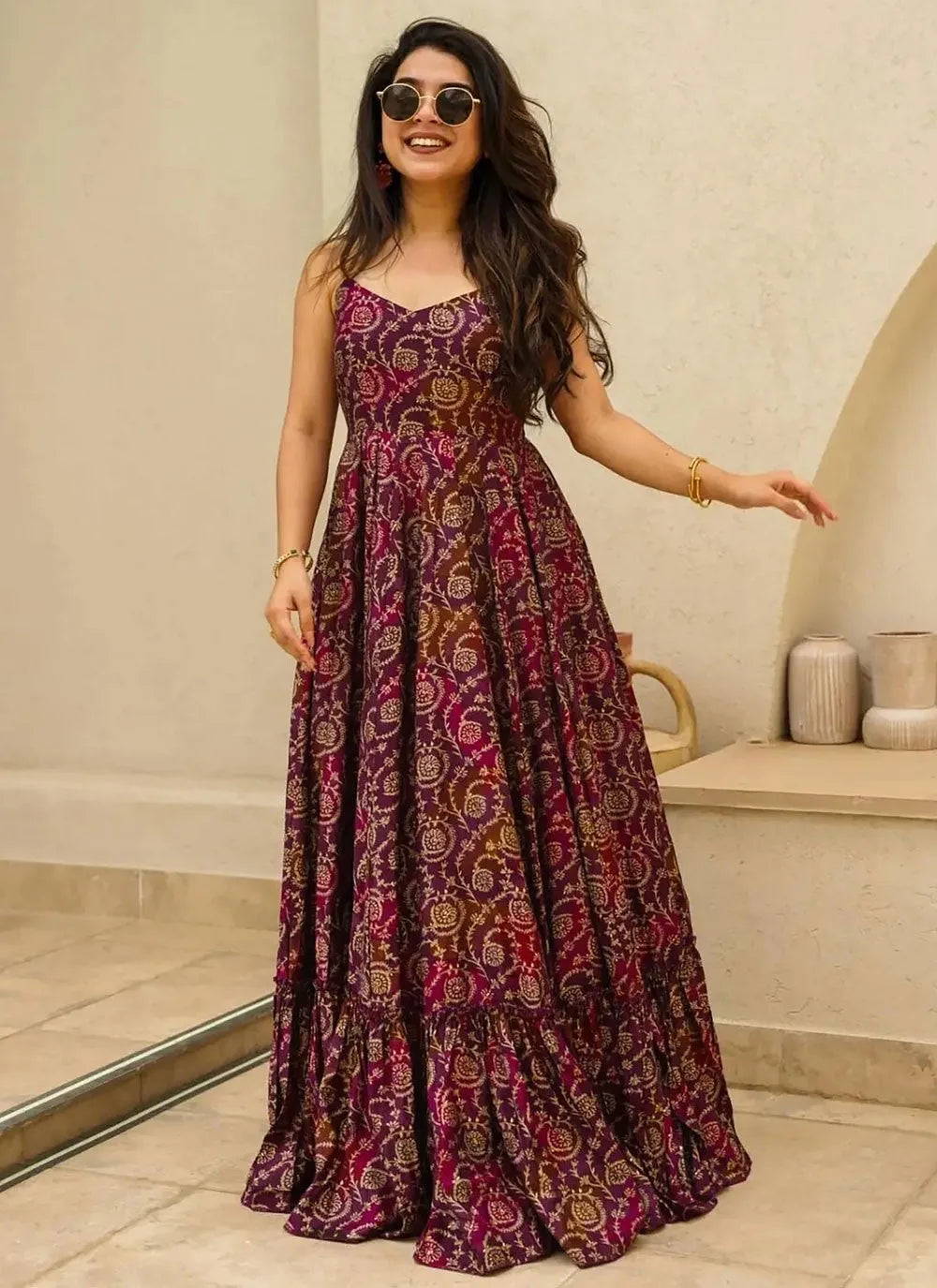 Dazzling Magenta Colored Rayon Fully Flared Designer Gown Sale Fast Delivery