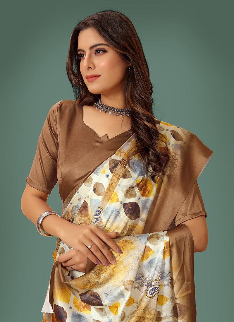 Brown Color Half Sleeves Satin Saree Manchester Great Sale Cheap Pice