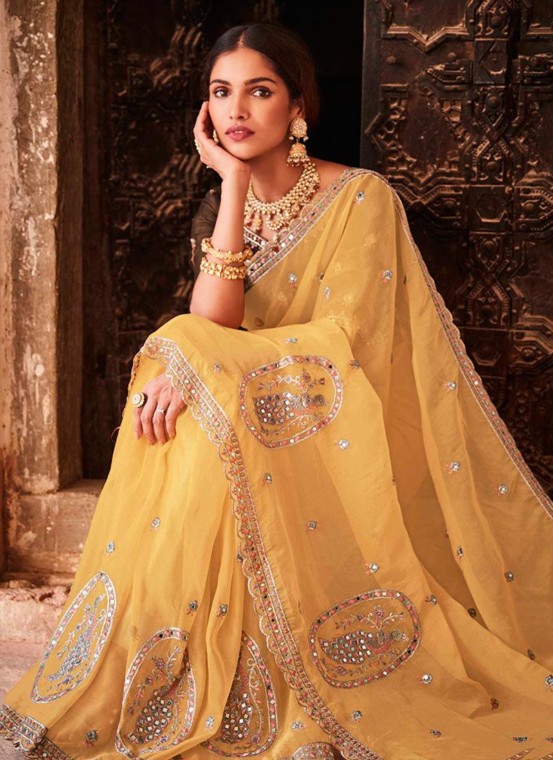 Mustard Yellow Color Organza Fabric Saree With Mirror Work Limited Edition Online