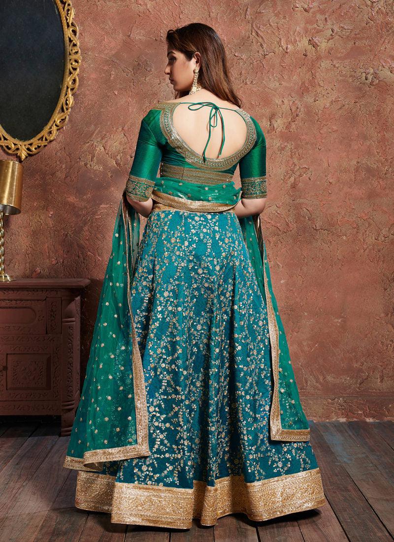 Incredible Green And Blue Art Silk Base Designer Flared Lehenga Choli Sale Affordable