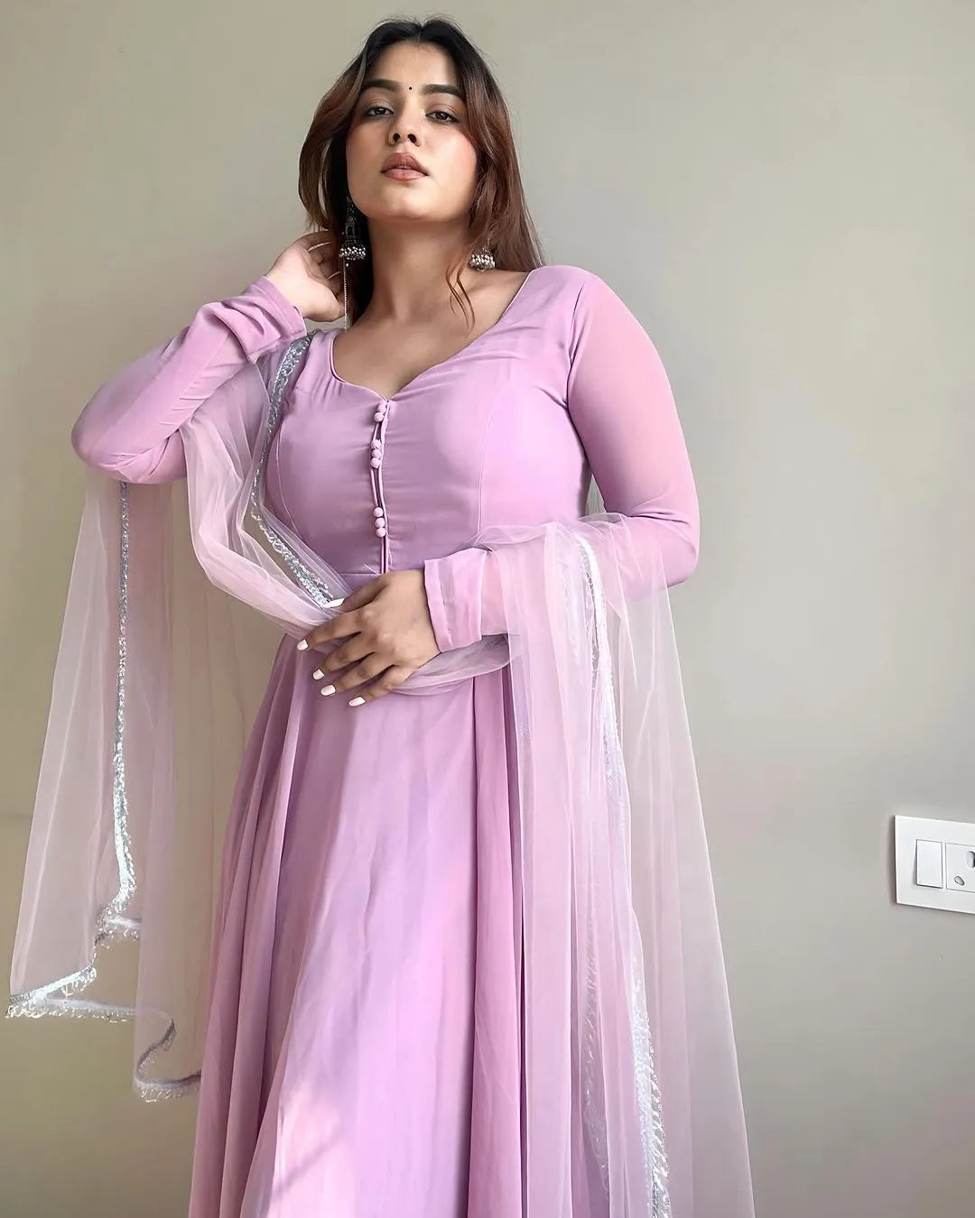 Trending Lavender Pure Faux Georgette Anarkali Pant Suit Sale Explore