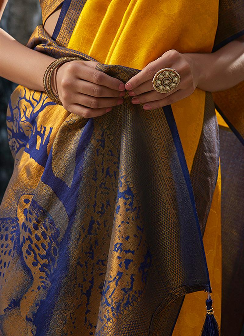 Silk Weave Yellow Kanjivaram Saree Sale Extremely