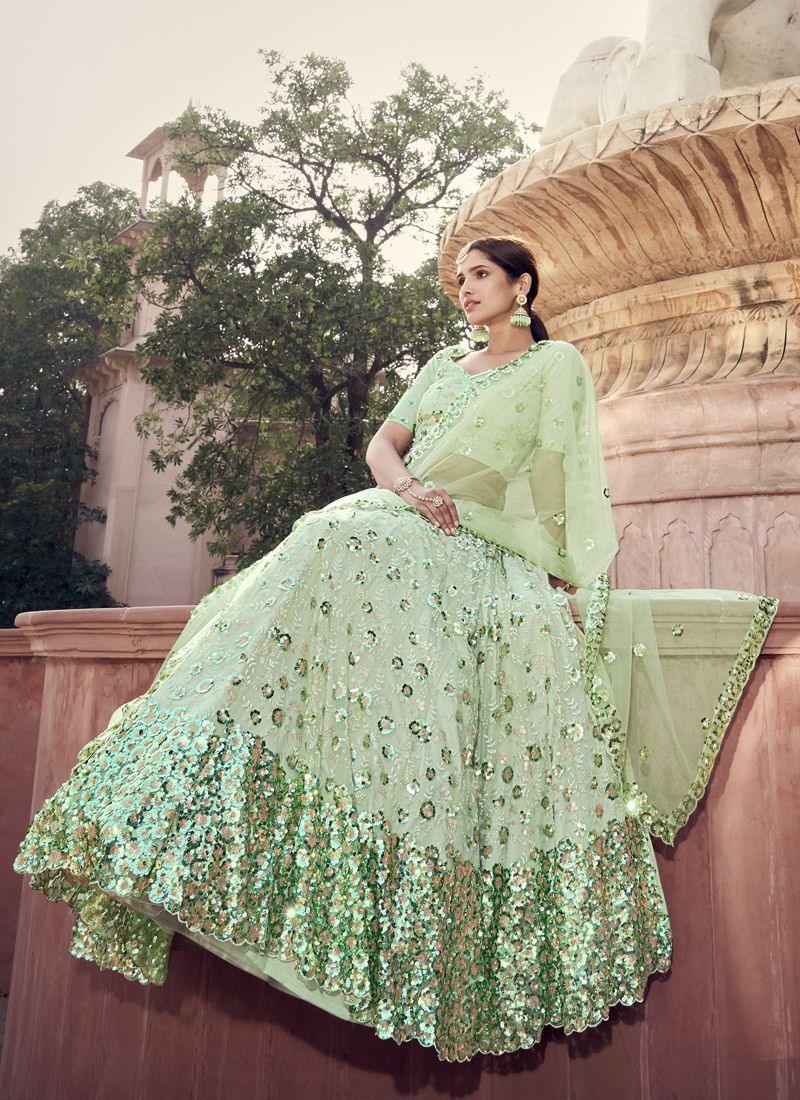 Elegant Green Color Soft Net Base Lehenga Choli With Sequins Work Cheap Visit