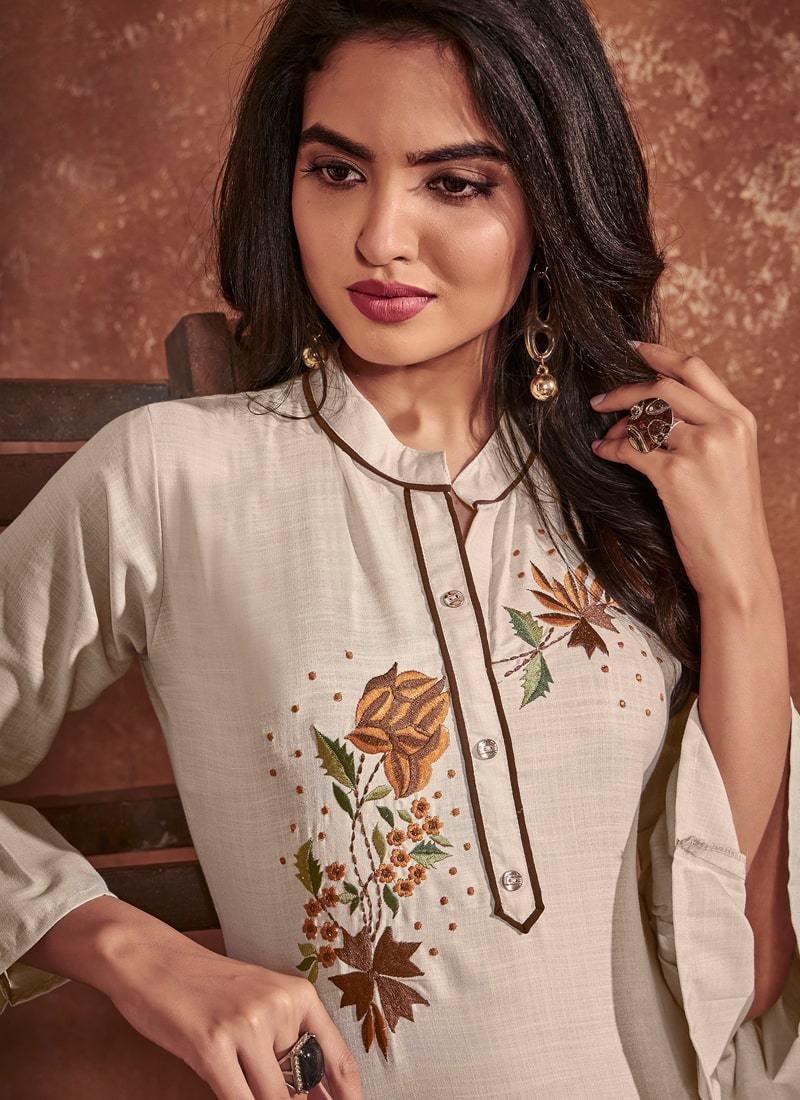 Casual Wear Cotton Fabric Cream Color Embroidered Kurti Cheap Sale Purchase