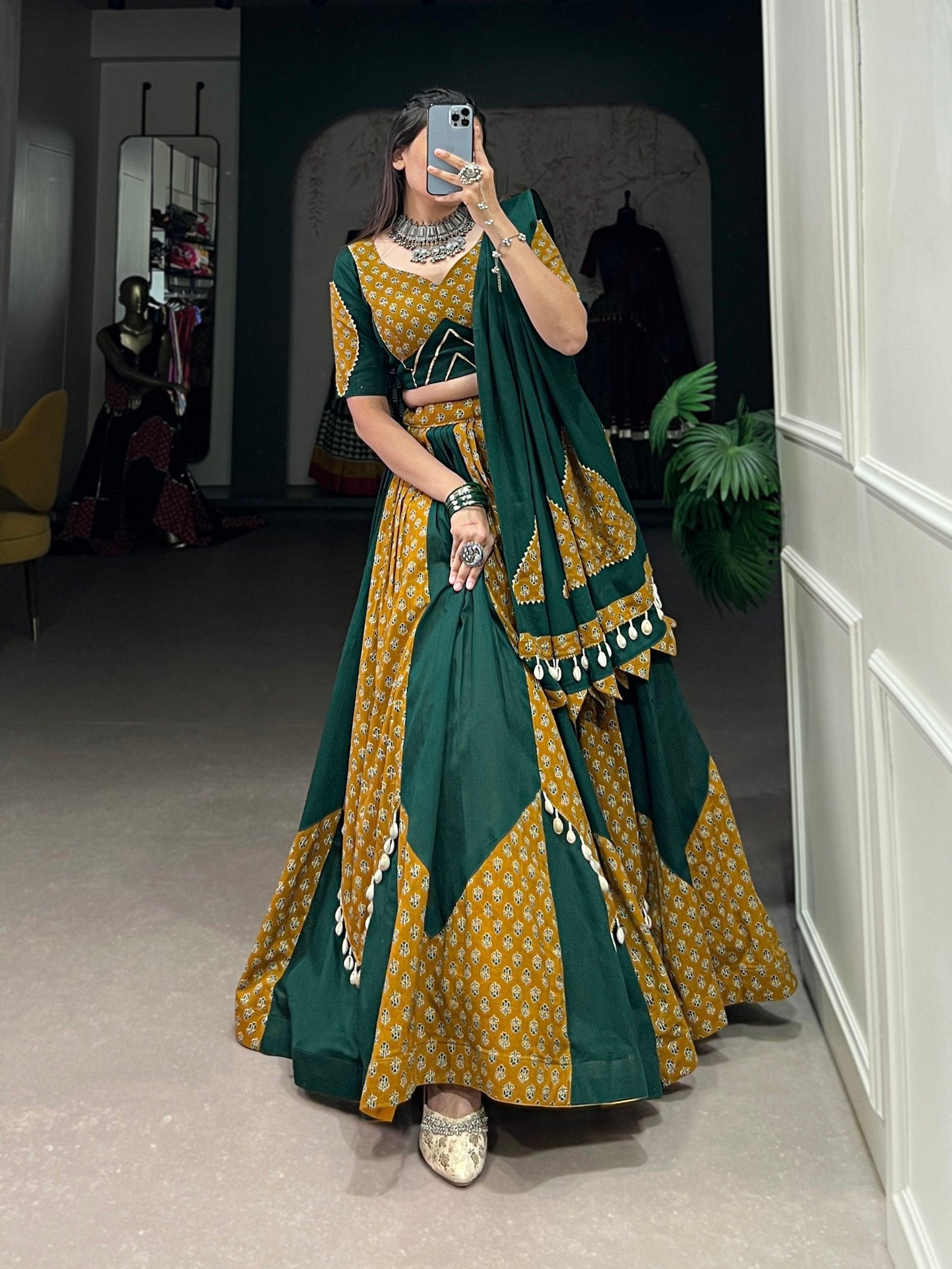 Mustard & Green Colored Pure Cotton Navratri Wear Lehenga Set Sale Manchester Great Sale