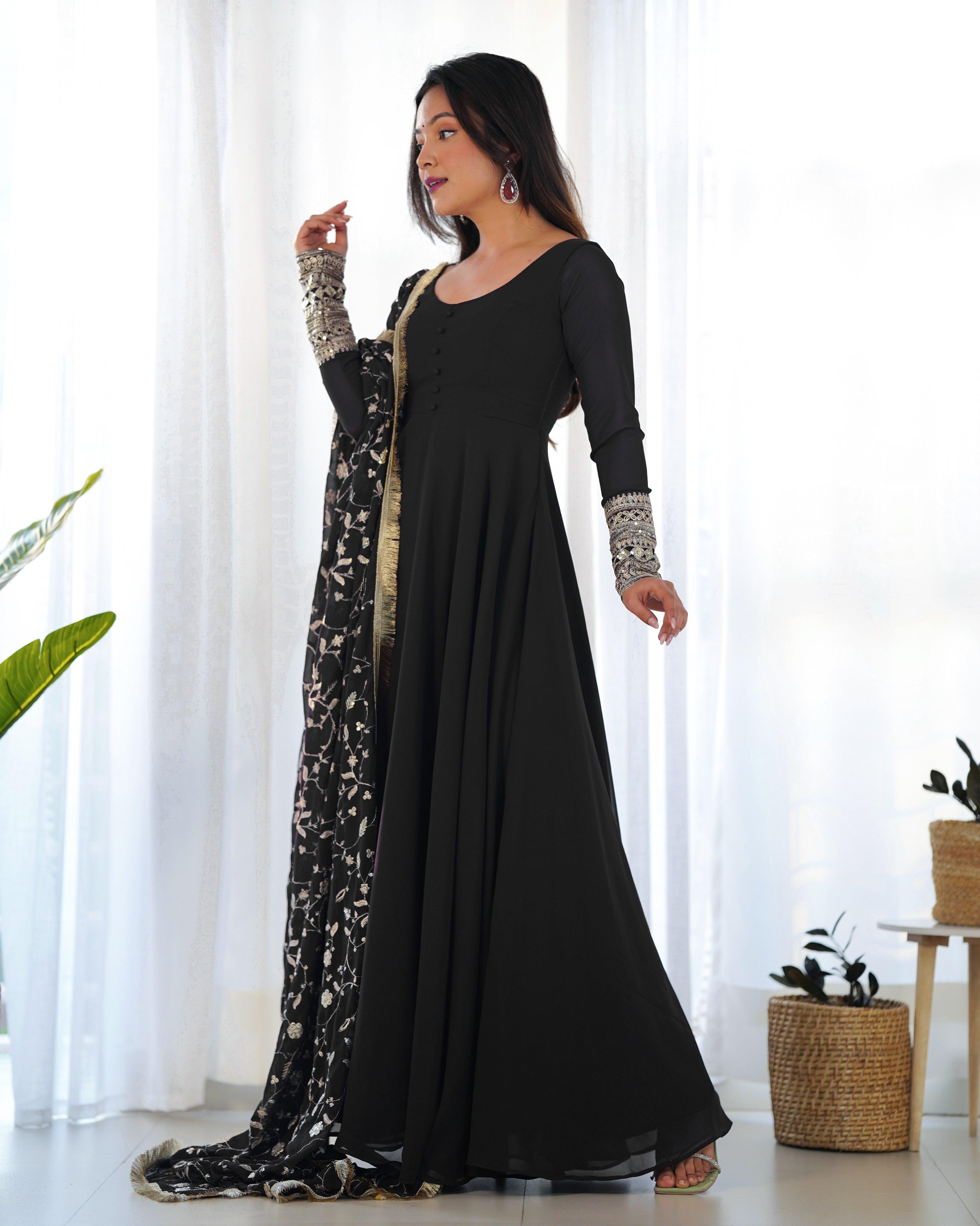 Black Color Georgette Gown With Applique Work Dupatta Buy Cheap With Mastercard