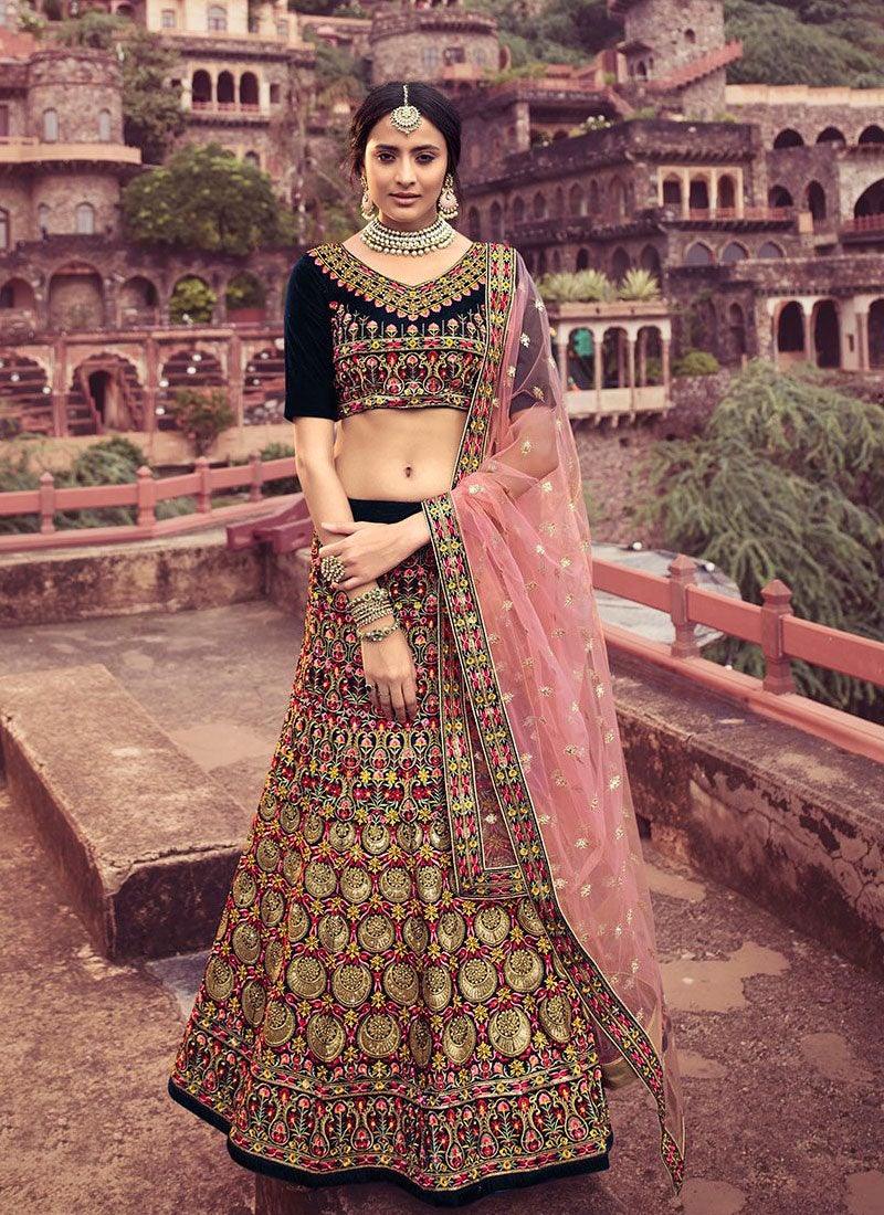 Navy Blue Color Velvet Fabric Sequins Work Ethnic Wear Lehenga Outlet Pices