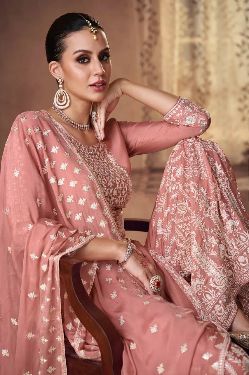 Brilliant Dusty Pink Chinon Embroidered Palazzo Suit Cheap Sale For Cheap