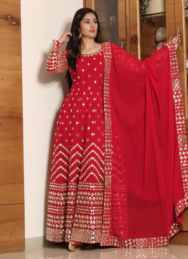 Splendid Red Color Georgette Base Foil Mirror Work Salwar Suit Discounts Cheap Pice