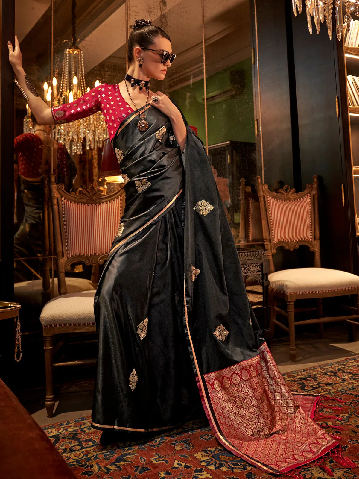 Trendy Black Pure Satin Silk Designer Saree In China