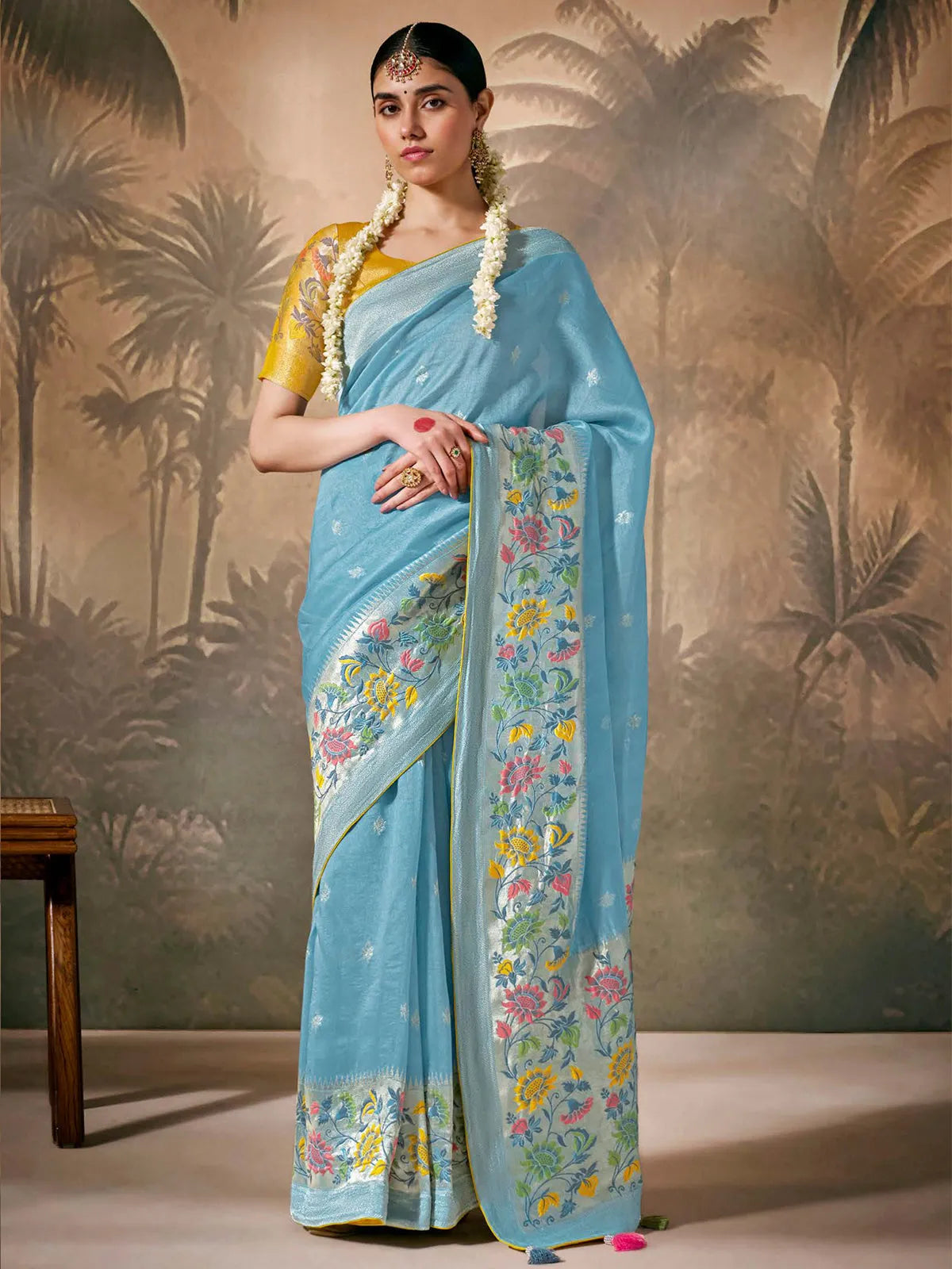 Flawless Sky Blue Paithani Banarasi Silk Saree with Floral Motifs Get Authentic Cheap Pice