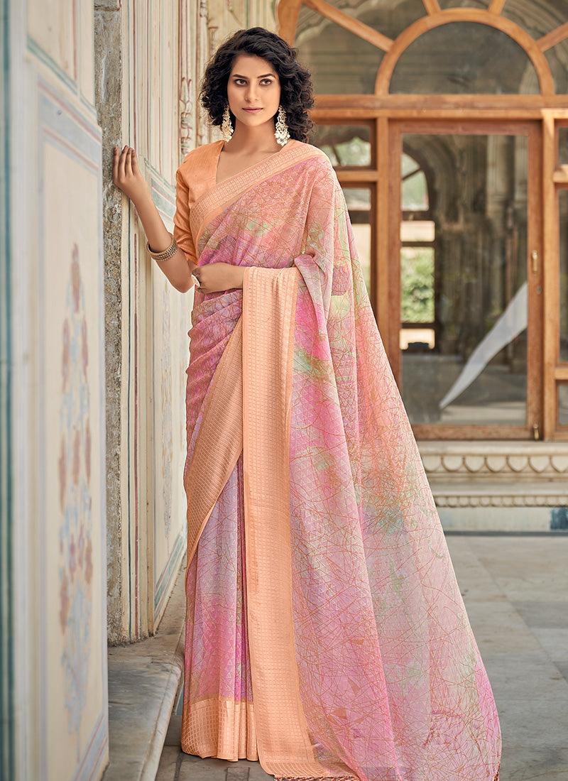 Striped Pattern Elbow Sleeves Classic Pink Saree Nicekicks