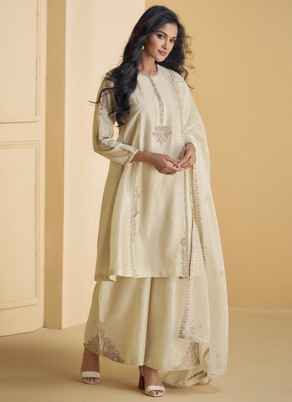 Cream Pure Silk Cording Worked Designer Top Palazzo Suit Outlet 2025 Unisex