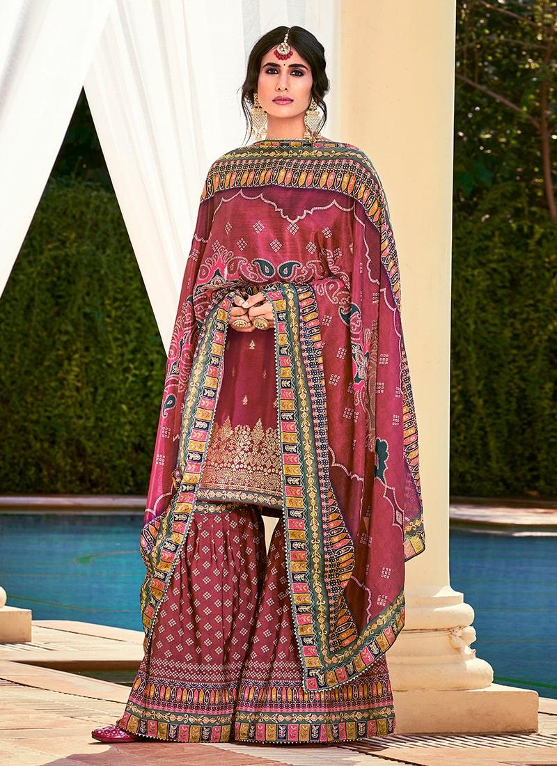 Digital Printed Maroon Silk Weave Sharara Suit With Matching Dupatta Cheap Low Shipping Fee