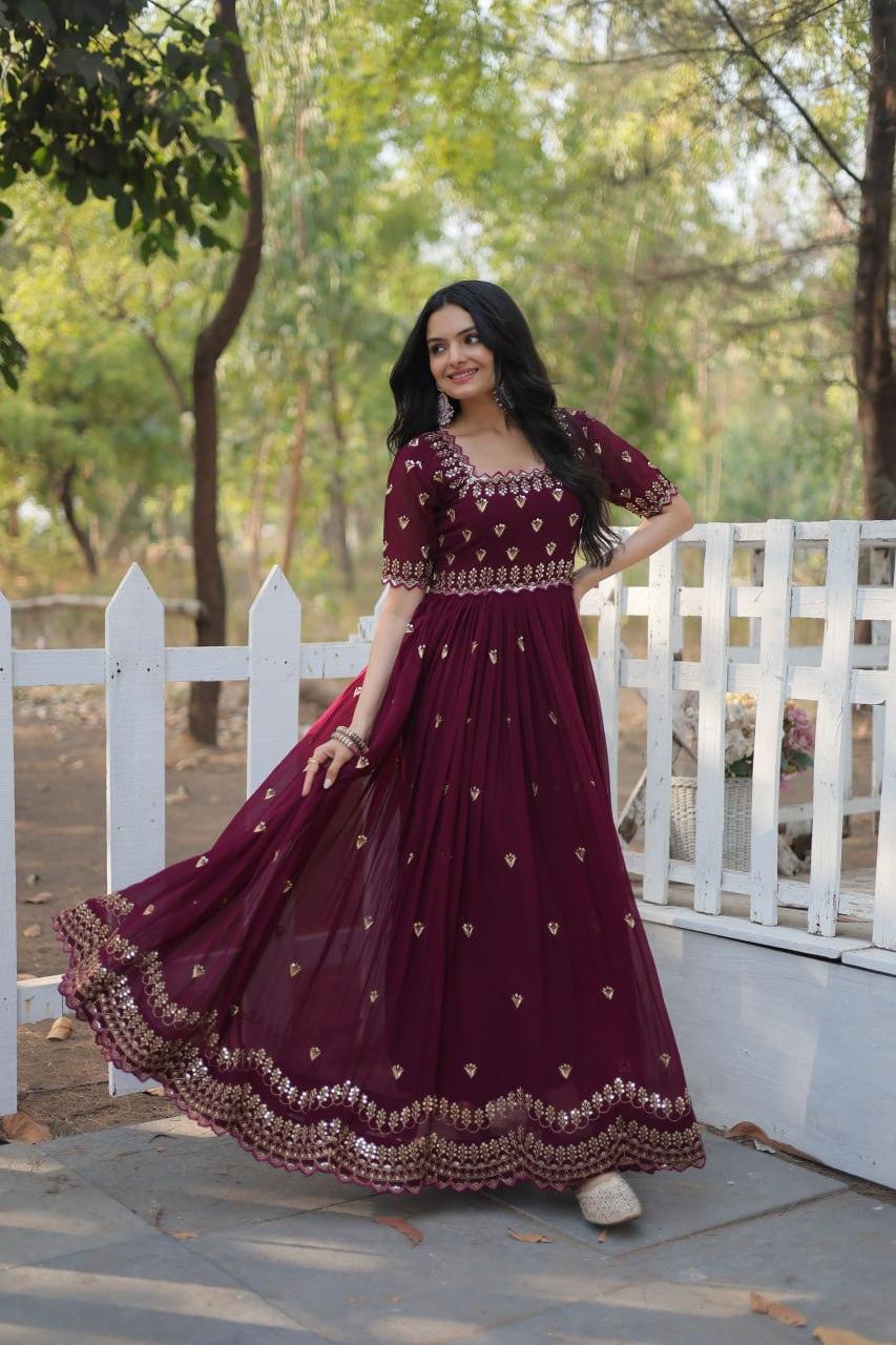 Seal Brown Zari Thread Sequins Worked Fully Stitched Gown Official Site Cheap Online