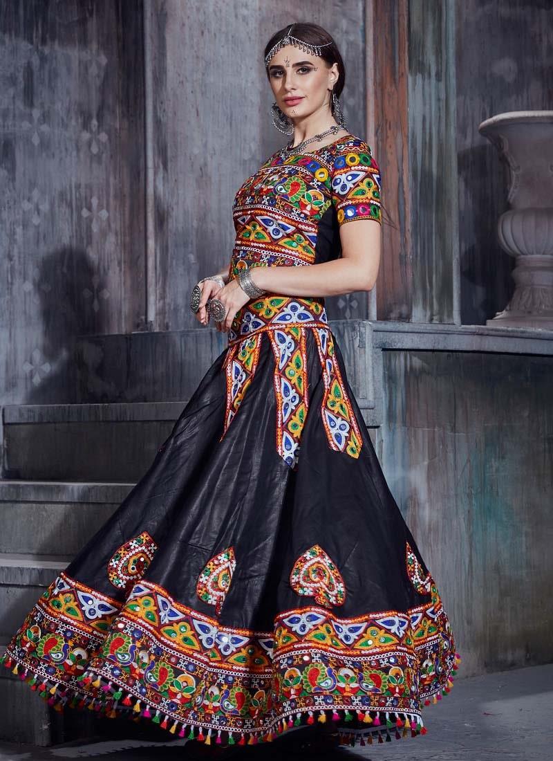 Mirror And Resham work Black Color Cotton Fabric Navratri Special Lehenga Choli Cheap From China