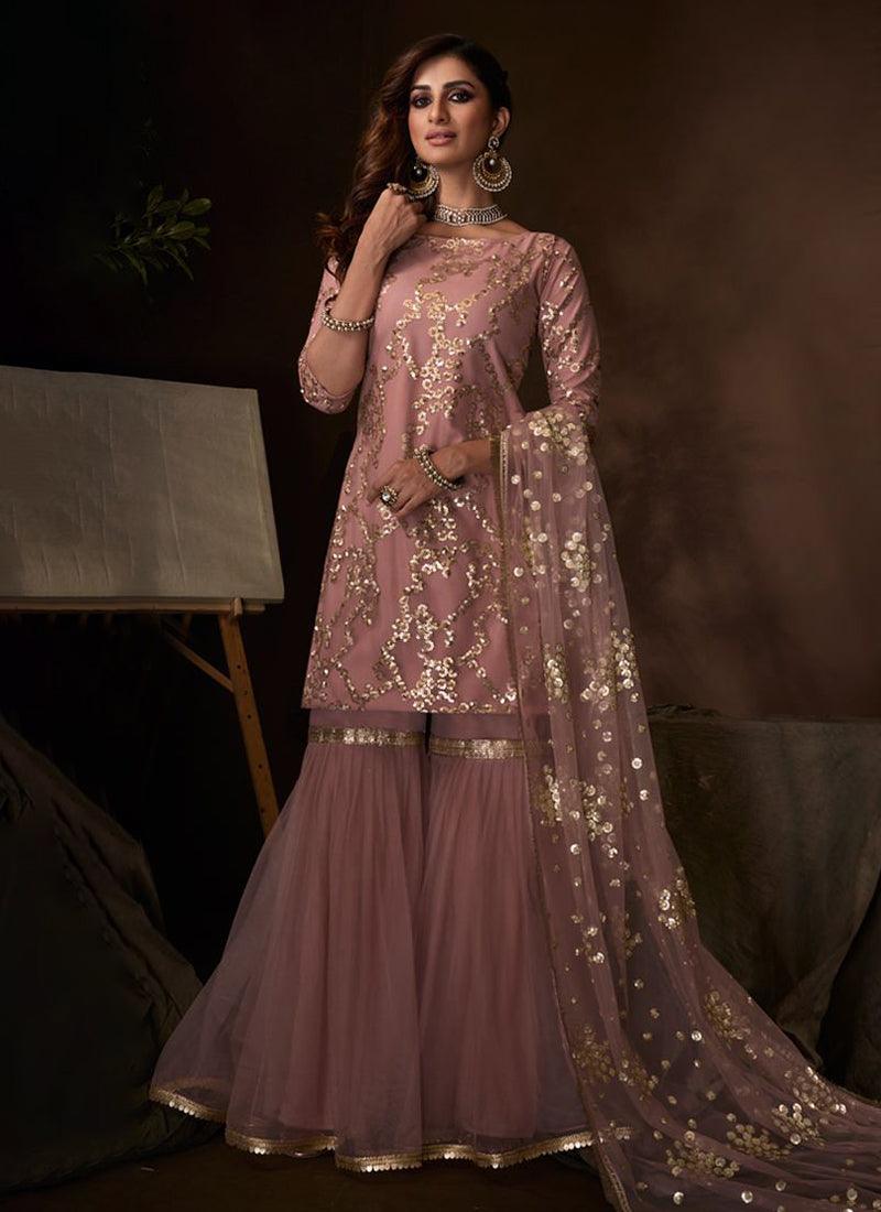 Blush Pink Ethnic Soft Net Base Sharara Suit 2025 Sale Online