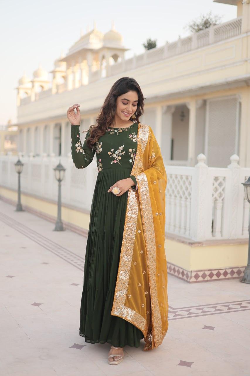 Green Georgette Embroidered Gown with dupatta Order Cheap Online