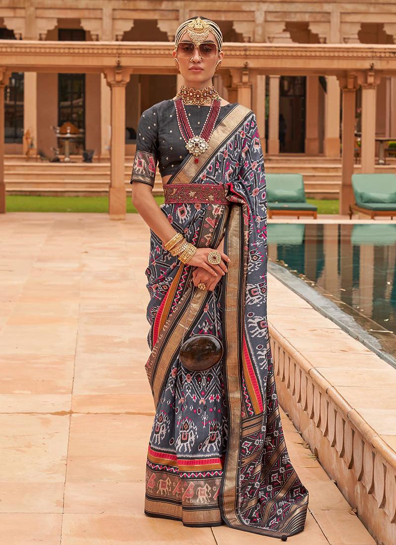 Grey Smooth Silk Foil Print With Patola Saree Fashionable Online