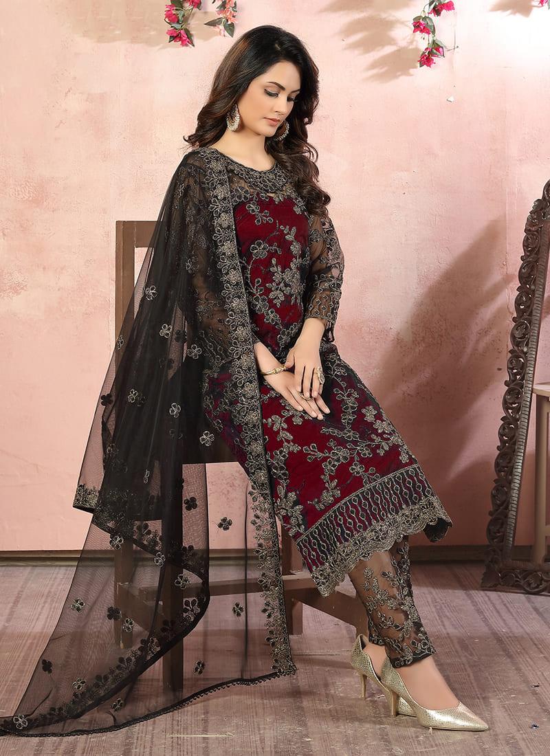 Net Base Embroidered Maroon Pant Style Suit Buy Authentic Online